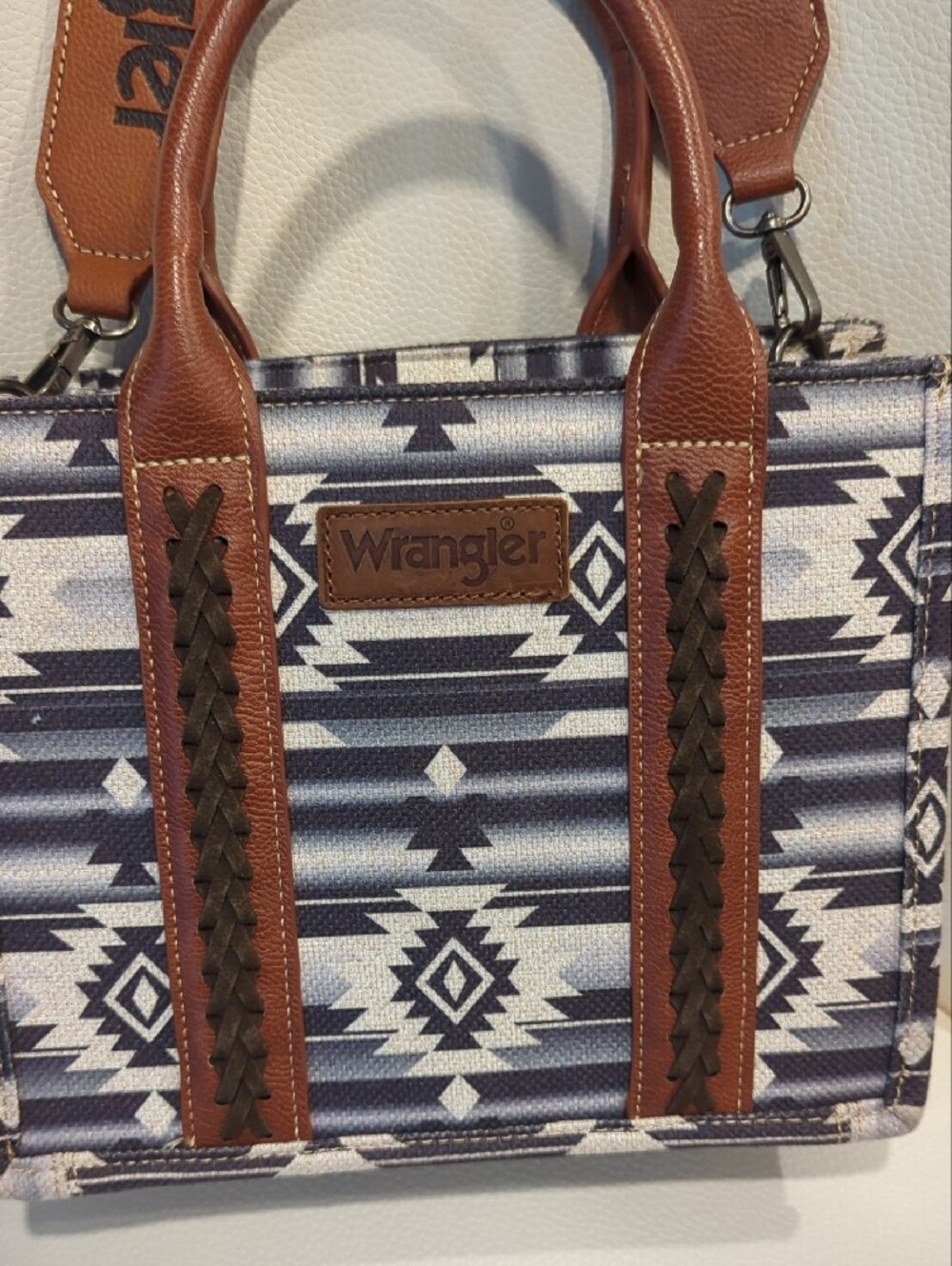 Wrangler Gray and White Aztec Canvas Tote with Brown Trim and Strap - Picture 2 of 12